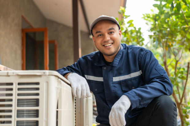 An HVAC worker smiles next to an HVAC unit.
